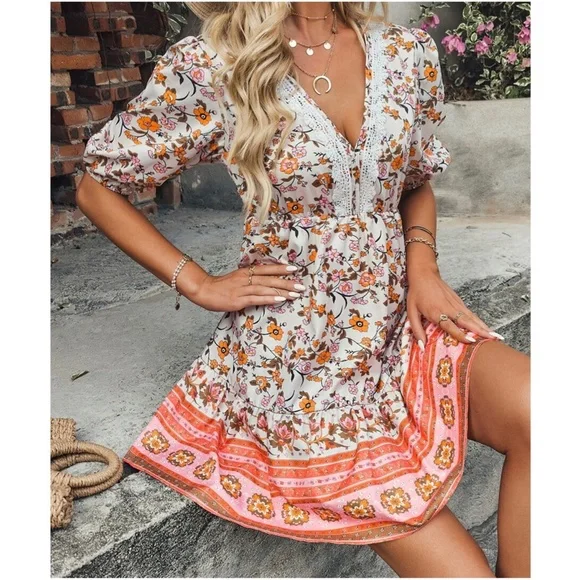 Bohemian Orange Floral Print Lace Puff Sleeve Mini Dress - Picture 2 of 5